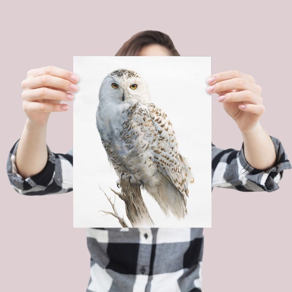 Watercolor Snowy Owl Portrait Wall Art Print, Unframed - Mystic Winter Grace - Picture 4 of 6
